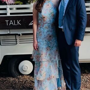 Lulus Forever Exceptional Light Blue‎ Floral Halter Organza Maxi Dress, Medium